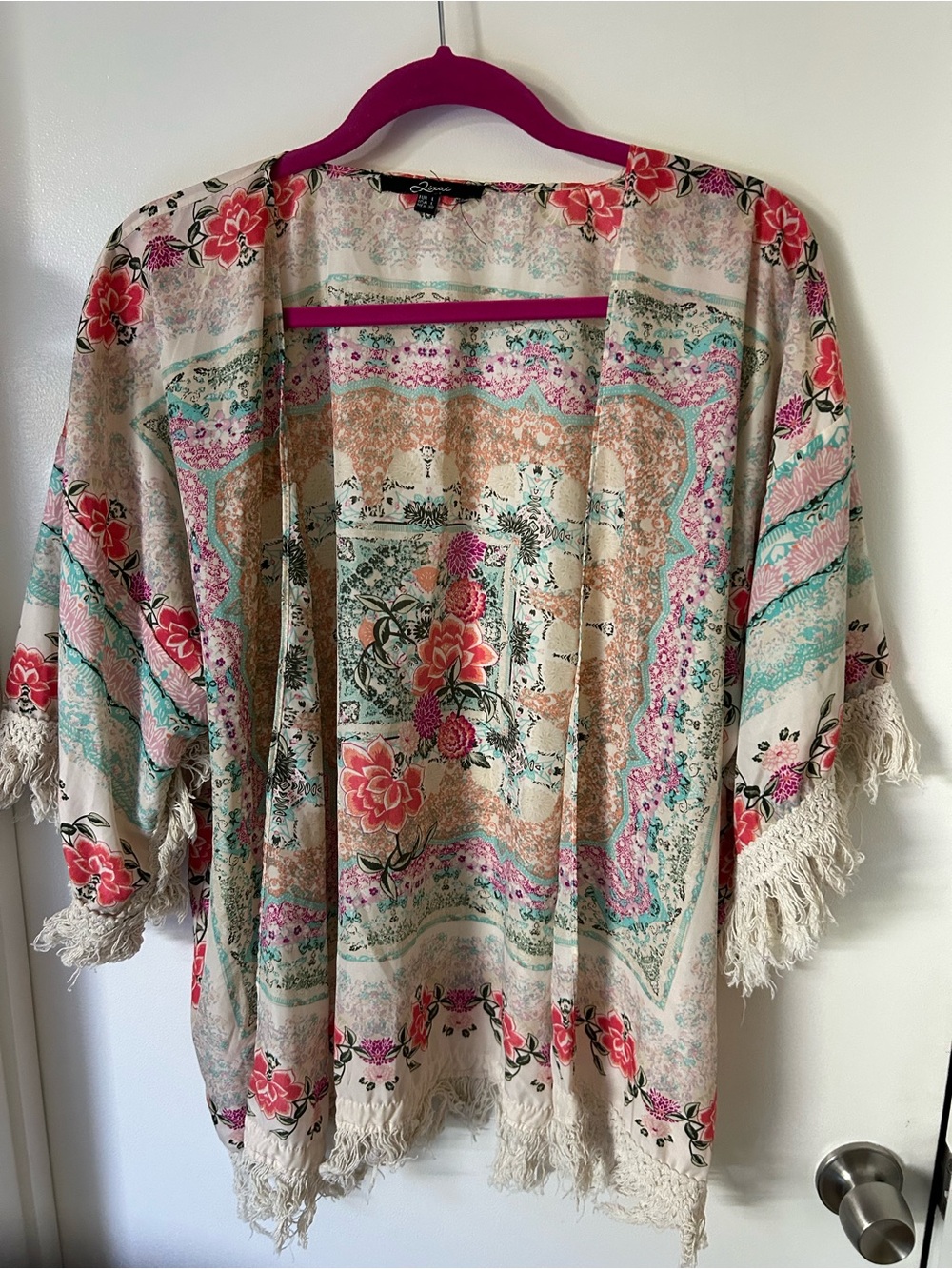 Floral Fringe Kimono - Cream with Coral & Teal- large